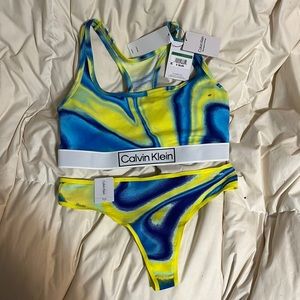 Calvin Klein large tie-dye blue yellow sports bra top and thong underwear